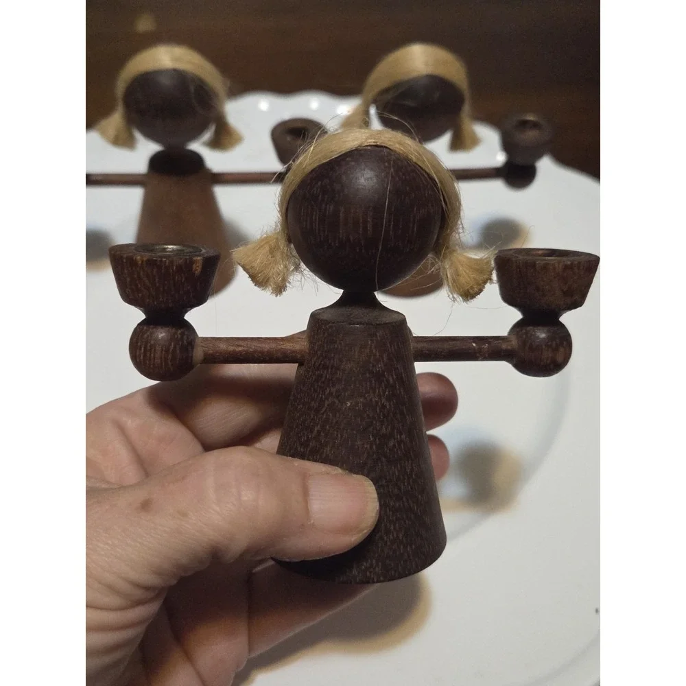 vintage Erzgebirge GDR wooden candle holder, Faceless Children